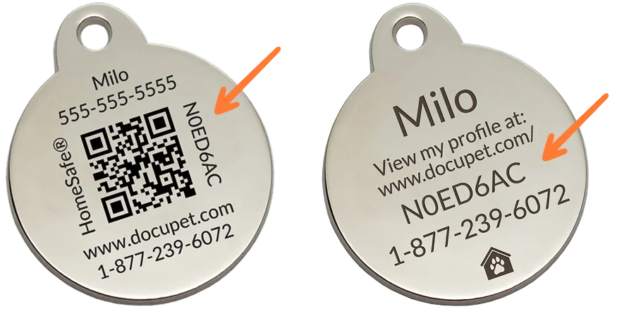 Front and back of a DocuPet tag, with arrows pointing to the tag code N0ED6AC